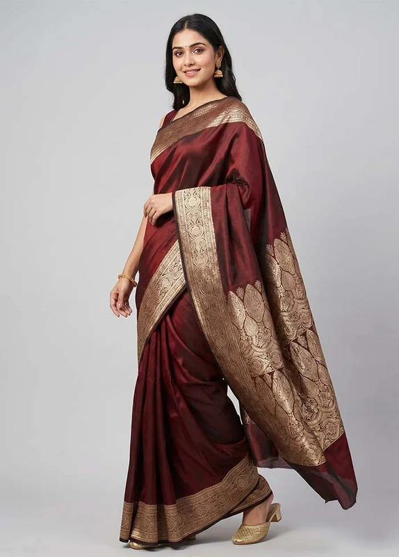 Maroon Banarasi Silk Saree With Blouse Piece One Size