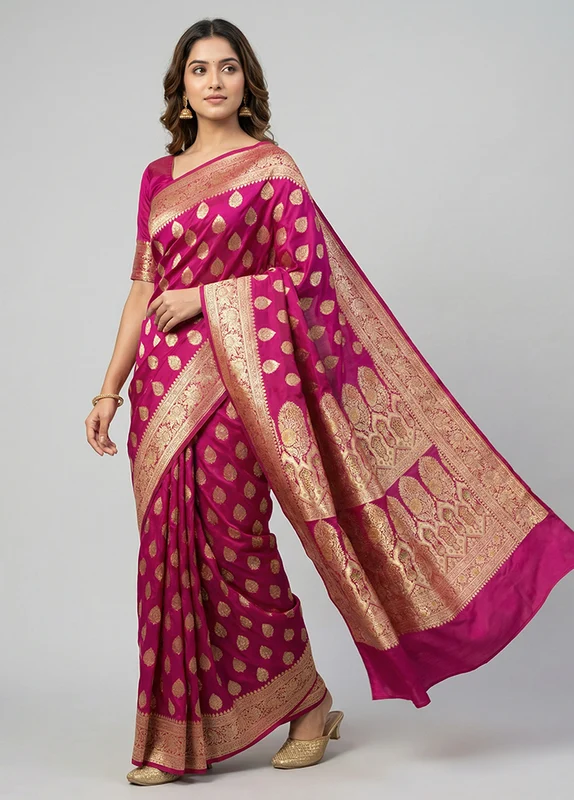 Pink Handloom Banarasi Pure Silk Saree With Blouse Piece One Size