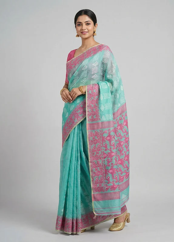 Green Jamdani Cotton Saree Without Blouse Piece One Size