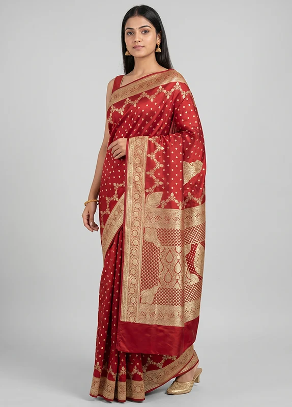 Maroon Banarasi Silk Saree With Blouse Piece One Size
