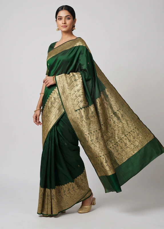 Green Banarasi Silk Saree With Blouse Piece One Size