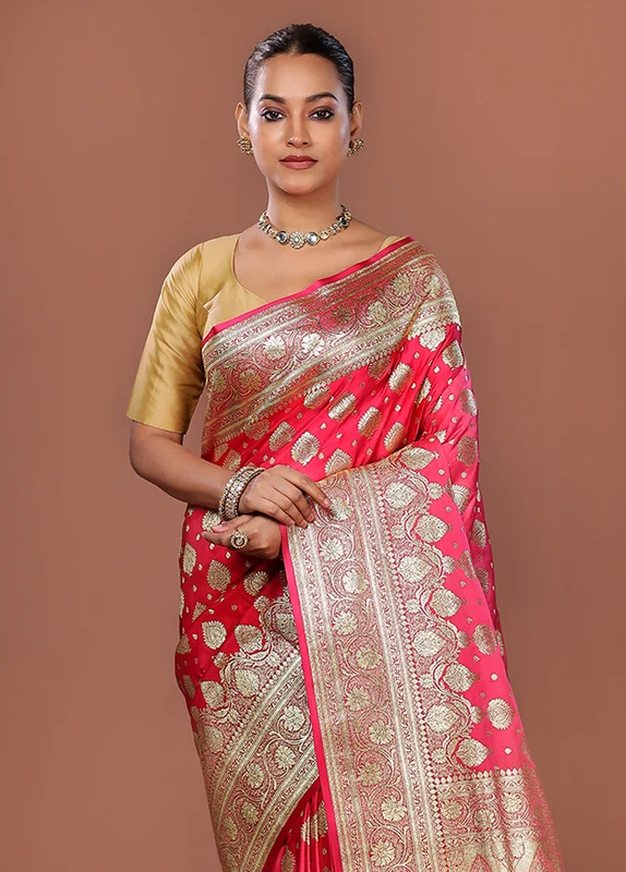 Pink Banarasi Silk Saree With Blouse Piece One Size