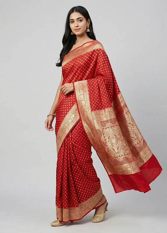 Red Banarasi Silk Saree With Blouse Piece One Size