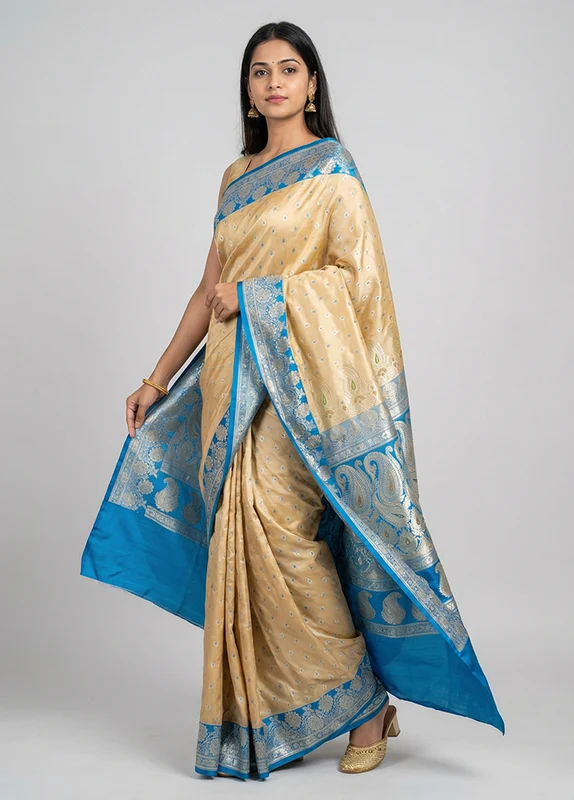 Cream Handloom Banarasi Pure Silk Saree With Blouse Piece One Size