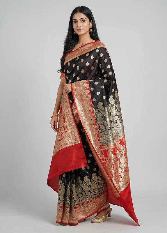 Black Handloom Banarasi Pure Silk Saree With Blouse Piece One Size
