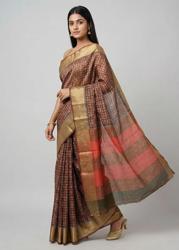 Brown Tussar Silk Saree With Blouse Piece One Size