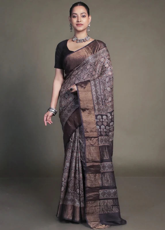 Brown Handloom Tussar Pure Silk Saree With Blouse Piece Onesize