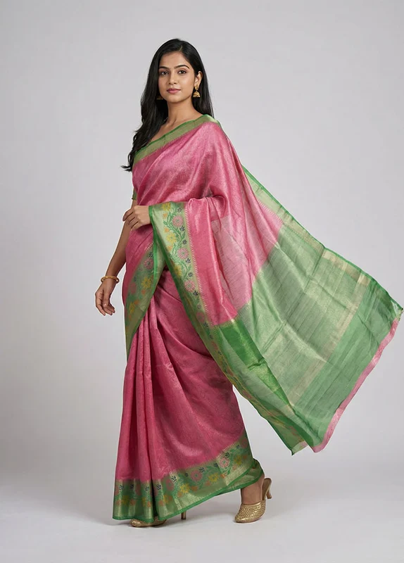 Pink Dupion Silk Saree With Blouse Piece One Size