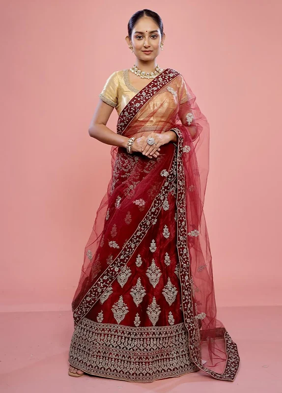 3 Pc Maroon Semi Stitched Velvet Lehenga Set Onesize