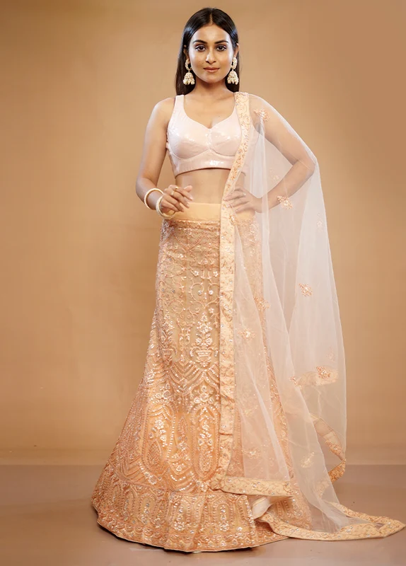 3 Pc Cream Georgette Semi Stitched Lehenga Set Onesize