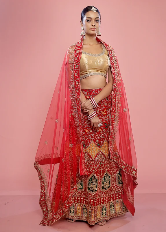 3 Pc Red Net Semi Stitched Lehenga Set Onesize
