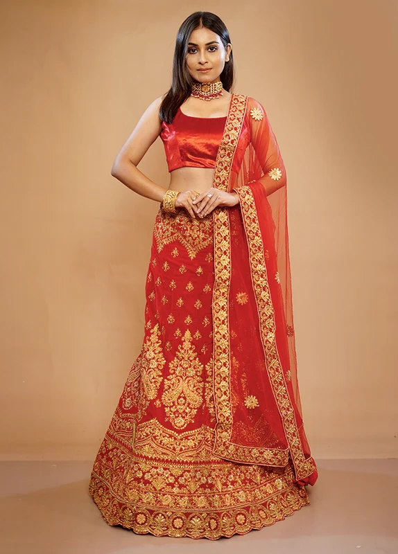 3 Pc Red Net Semi Stitched Lehenga Set Onesize