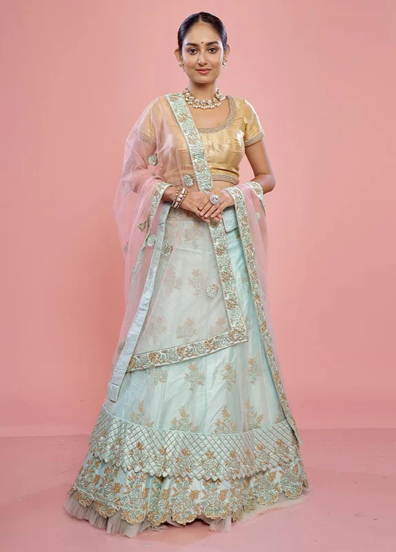 3 Pc Sky Blue Semi Stitched Silk Lehenga Set Onesize