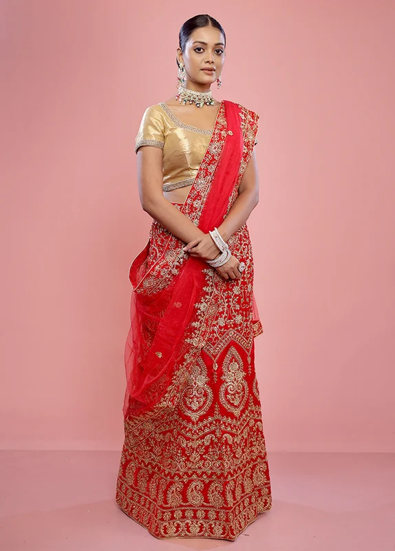 3 Pc Red Semi Stitched Silk Lehenga Set Onesize