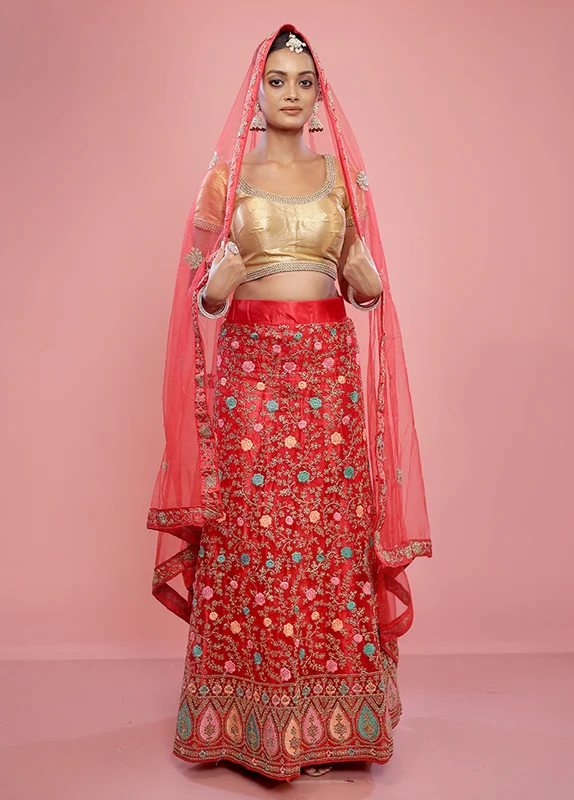 3 Pc Red Semi Stitched Silk Lehenga Set Onesize