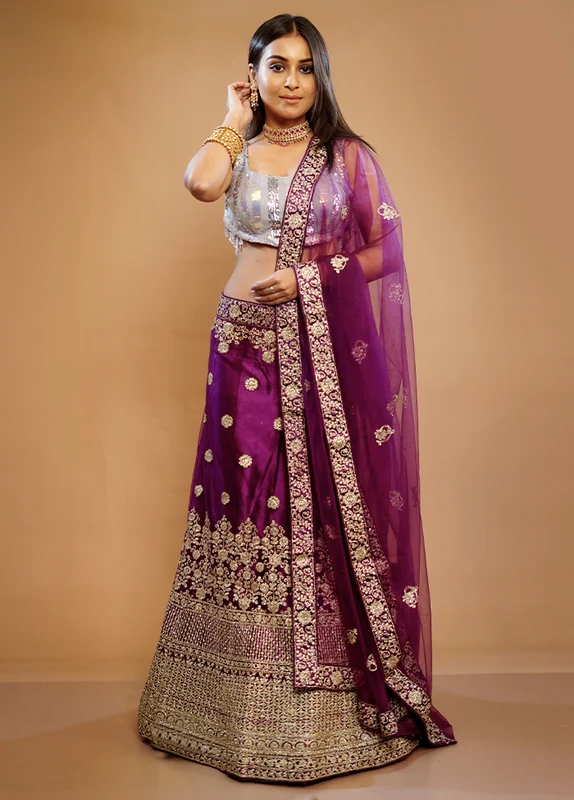 3 Pc Purple Georgette Semi Stitched Lehenga Set Onesize