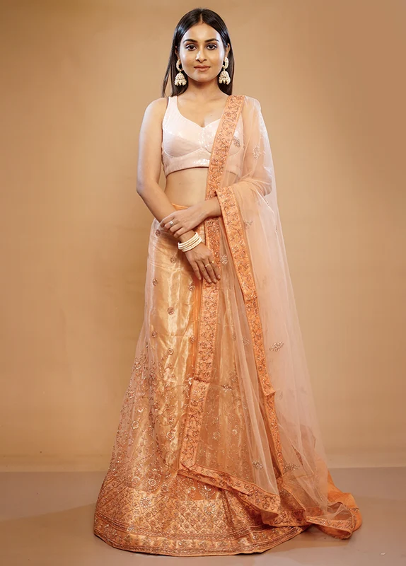 3 Pc Peach Georgette Semi Stitched Lehenga Set Onesize