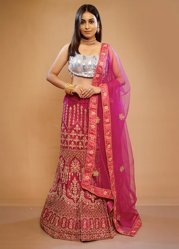 3 Pc Pink Georgette Semi Stitched Lehenga Set Onesize