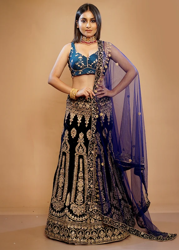 3 Pc Black Georgette Semi Stitched Lehenga Set Onesize