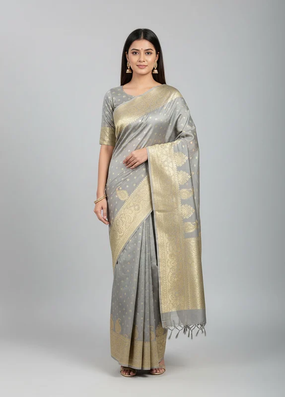 Grey Tanchoi Silk Saree With Blouse Piece One Size