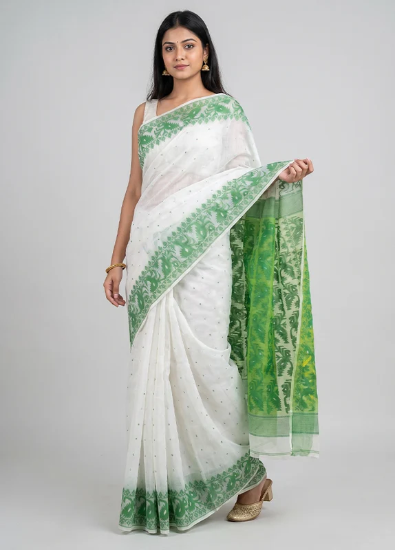 White Jamdani Cotton Saree Without Blouse Piece One Size