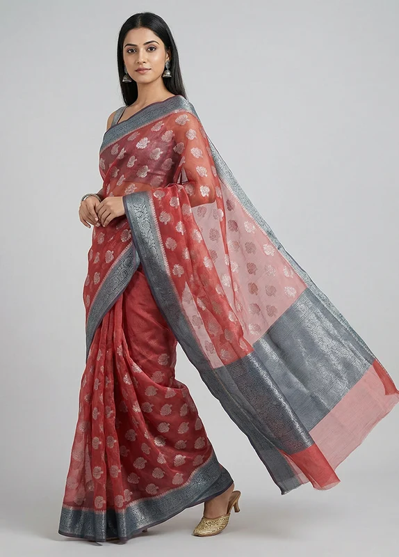 Red Organza Saree With Blouse Piece One Size
