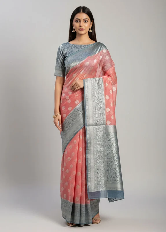 Red Organza Saree With Blouse Piece One Size