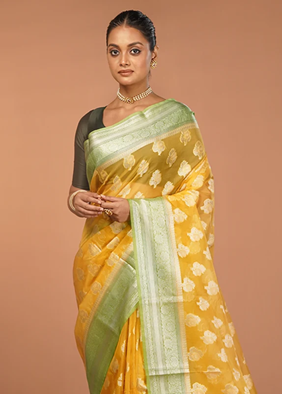 Yellow Organza Saree With Blouse Piece One Size