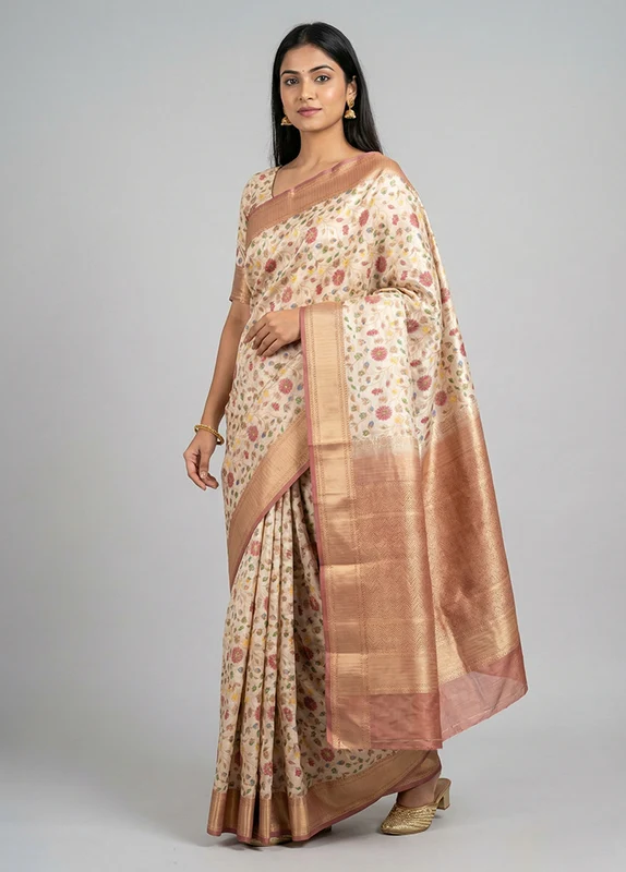 Cream Handloom Katan Pure Silk Saree With Blouse Piece One Size