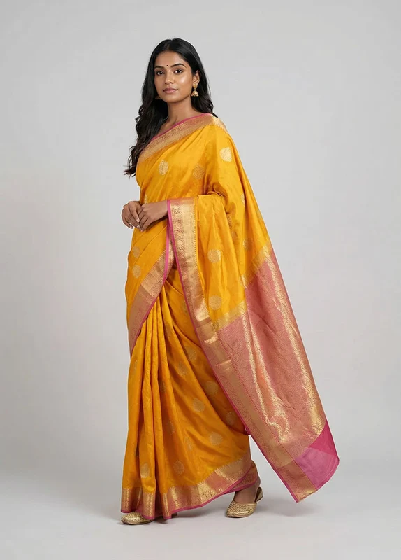 Yellow Handloom Kanchipuram Pure Silk Saree With Blouse Piece One Size