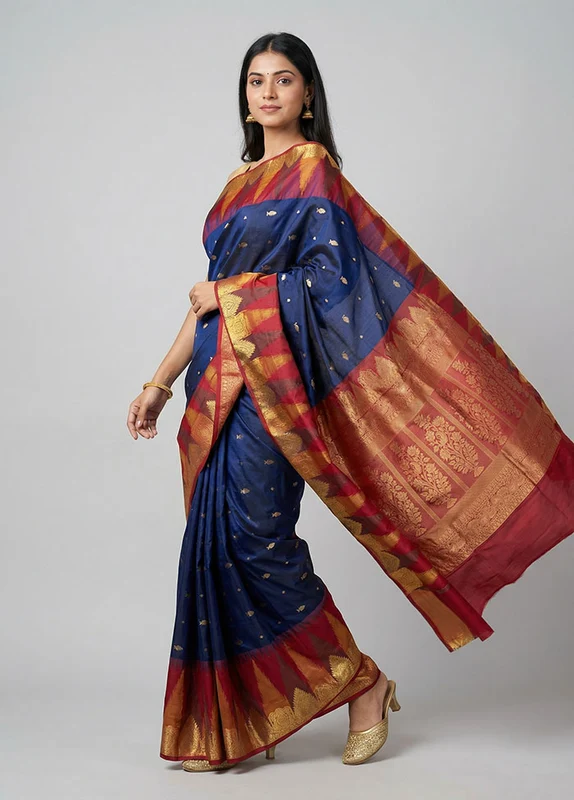 Blue Handloom Kanjivaram Pure Silk Saree With Blouse Piece One Size