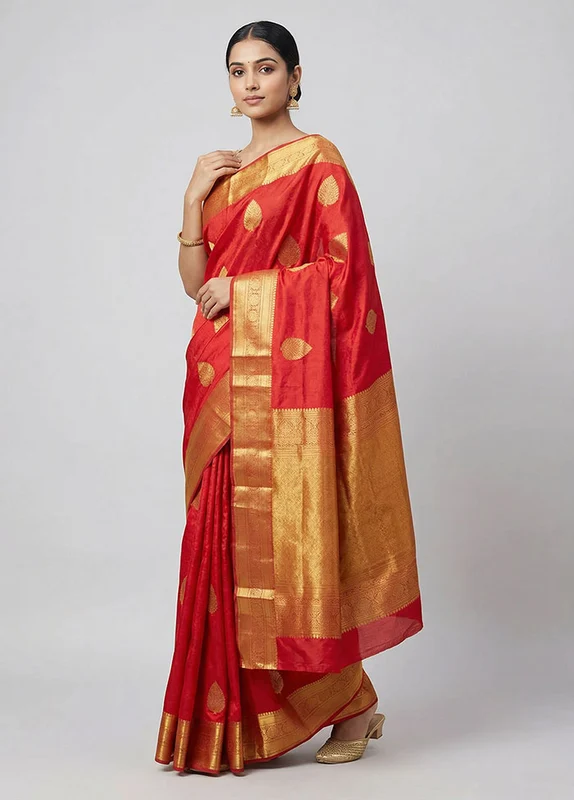 Red Handloom Kanchipuram Pure Silk Saree With Blouse Piece One Size