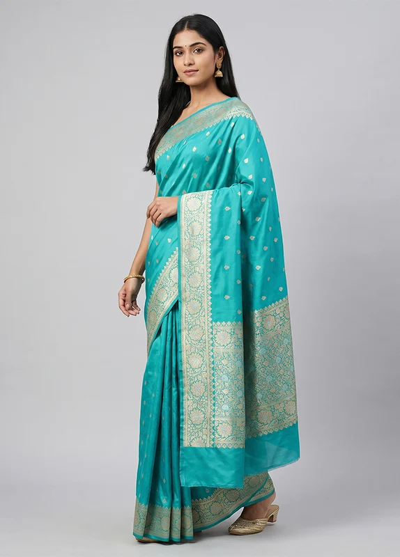 Blue Handloom Katan Pure Silk Saree With Blouse Piece One Size
