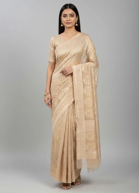 Cream Handloom Kora Pure Silk Saree With Blouse Piece One Size