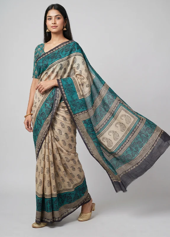 Cream Handloom Tussar Pure Silk Saree With Blouse Piece One Size