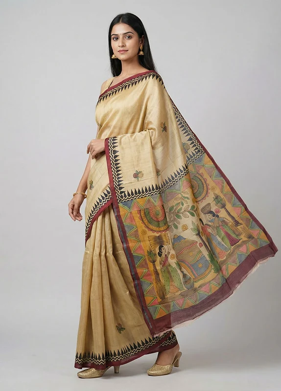 Yellow Handloom Tussar Pure Silk Saree With Blouse Piece One Size