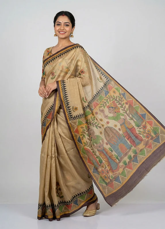 Cream Handloom Tussar Pure Silk Saree With Blouse Piece One Size