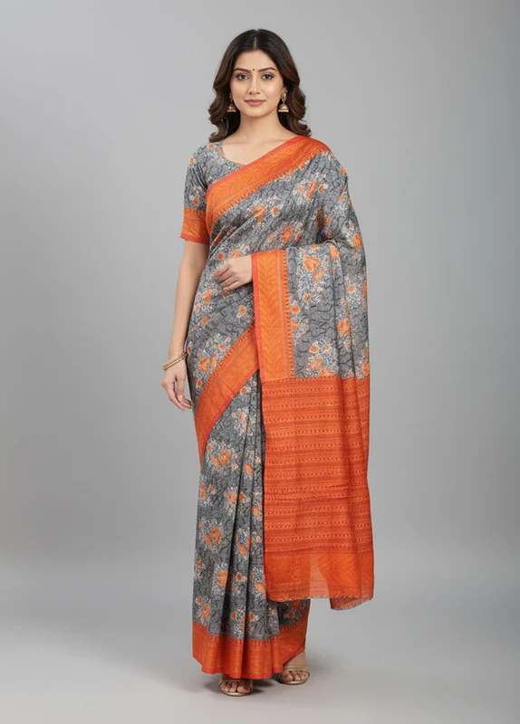 Grey Printed Silk Saree Without Blouse Piece One Size