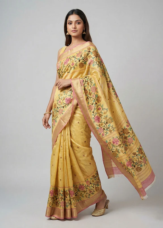 Yellow Printed Pure Silk Saree Without Blouse Piece One Size