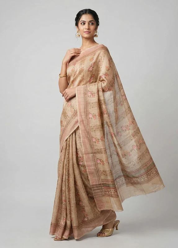 Cream Organza Saree With Blouse Piece One Size