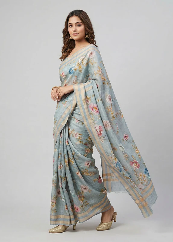 Grey Organza Saree With Blouse Piece One Size