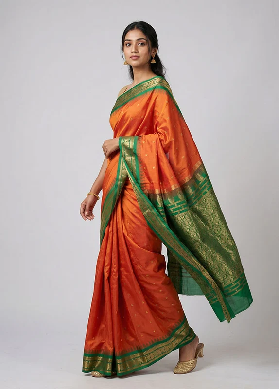 Orange Handloom Kanchipuram Pure Silk Saree With Blouse Piece One Size