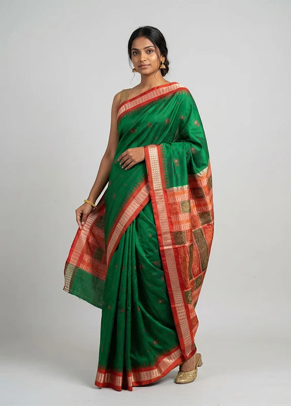 Green Handloom Bomkai Pure Silk Saree With Blouse Piece One Size