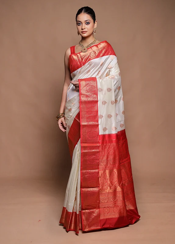 Cream Handloom Kanjivaram Pure Silk Saree With Blouse Piece Onesize