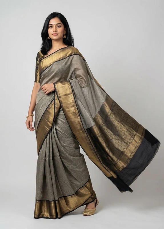 Black Handloom Katan Pure Silk Saree With Blouse Piece One Size
