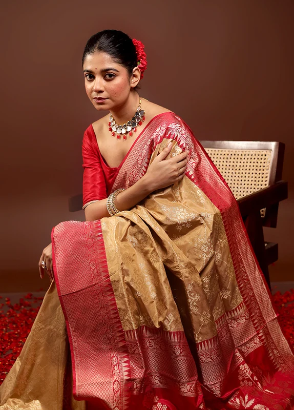 Cream Handloom Katan Pure Silk Saree With Blouse Piece Onesize