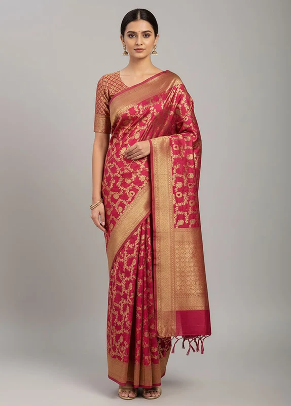 Pink Handloom Uppada Pure Silk Saree With Blouse Piece One Size