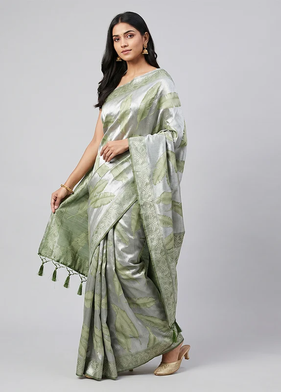 Silver Tissue Silk Saree With Blouse Piece One Size