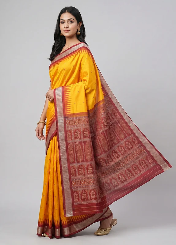 Yellow Handloom Bomkai Pure Silk Saree With Blouse Piece One Size
