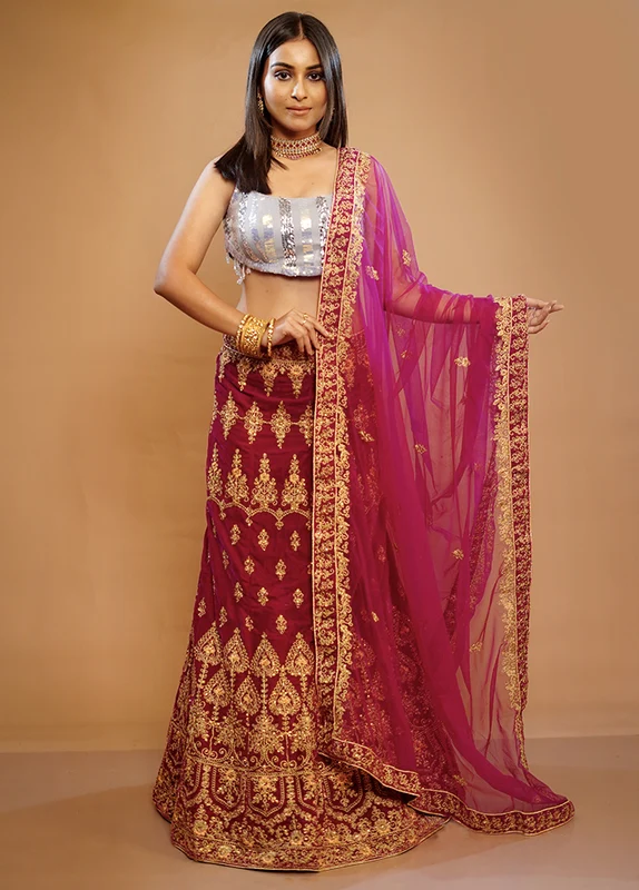 3 Pc Purple Silk Semi Stitched Lehenga Set Onesize
